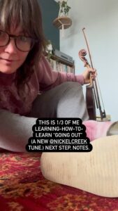Sara Watkins Instagram - 1/3 I filmed this in December when I realized I was having to learn-how-to-learn some of these more challenging new bits of @nickelcreek music.  Sometimes I feel like since I’ve been a fiddler for a while I “should” be able to just play whatever I want without too much trouble. Or I get embarrassed when I have to do really foundational work to truly get a handle on what I’m trying to do. But that’s where the first victories are!  I’m SO grateful to have had teachers and mentors who taught me to break things down.  WAY DOWN.  This clip is from a day back in December when I was preparing for our first shows in the UK.  This is the first of three clips I made working on this new @nickelcreek tune called “Going Out.” I wasn’t able to sing while playing and then I realized I wasn’t even comfortable with the *rhythm of the vocal part.  So I decided first to work on the rhythm and then worry about notes later.  I didn’t need sheet music for the tune but found it helpful to *see where the vocal rhythm fell in relation to the fiddle melody, so I wrote both parts out together and that was my gateway to this clip of early progress.