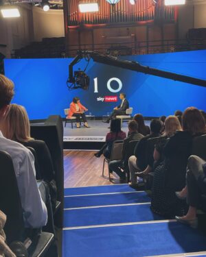 Sarah-Jane Mee Instagram - #BattleForNumber10 so proud of what @skynews did last night - we went big and we went bold…not like us is it 😉
@bethrigbysky quite rightly getting all the plaudits (back down to Earth with a bump and back to the campaign trail this morning!😵‍💫) but there were so many people behind the scenes that GRAFTED to pull this off.  WHAT A TEAM.
Feeling particularly proud that my U.K. Tonight gang were so integral @lcp38 running the show with @neal__walker @itsoliviamay_
My Grimsby gals @hollygreen19 @emilykatehulme behind much of the build up to the main event 👏🏻
And finally Grimsby you were as always the best - our audience bringing the 💥💥💥💥 
21 days to go! #GE2024