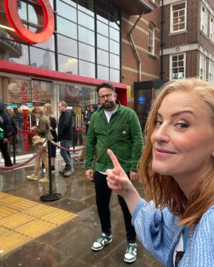 Sarah-Jane Mee Instagram - British summer time = open air theatre trip 😅
Despite his face @benray79 loved our visit @the_globe - when we first met his office was right next door and he mentioned he’d never been but had always wanted to go - - it’s taken a few years but I got tickets for #macbeth and it was SUPERB - the rain just added to the drama @thersc and to me looking like one of the witches 😂 #bedraggled #datenight