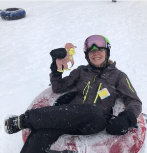 Sarah Chalke Instagram - For my niece’s school project, she had to mail George to me and we had to go on some adventures together. He loved skiing, we got an ear pierce, (his first, my second) went to Radio City Music Hall, he came to work with me, loved New York pretzels…you can visit anytime George.