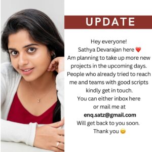 Sathya Devarajan Instagram - Have been telling No to new projects but now I think this is the perfect time ❤️ 
.
.
.
#sathyadevarajan #tamilactress