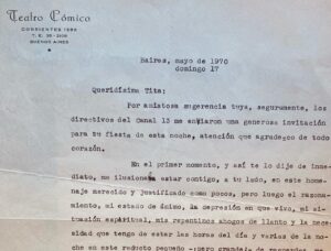 Sebastián De Caro Instagram - Objetos de Tita Merello (colección personal) recibo de joyas, tres telegramas de Bala y señora, Libertad Leblanc y Juan Carlos Calabro. Manuscritos de Tita y una carta para ella de Eva Franco. #titamerello