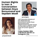 Sepideh Moafi Instagram - This Friday, October 28th, join Executive Director of the Abdorrahman Boroumand Center Roya Boroumand and artist/activist @sepidehmoafi as they discuss the current state of human rights in Iran. این جمعه، 28 اکتبر (۶ آبان)، در نشست رویا برومند، مدیر اجرایی بنیاد عبدالرحمن برومند و سپیده معافی هنرمند/فعال برای بررسی وضعیت کنونی حقوق بشر در ایران همراه ما باشید. @sepidehmoafi #mahsaamini #iranprotests #iranhumanrights