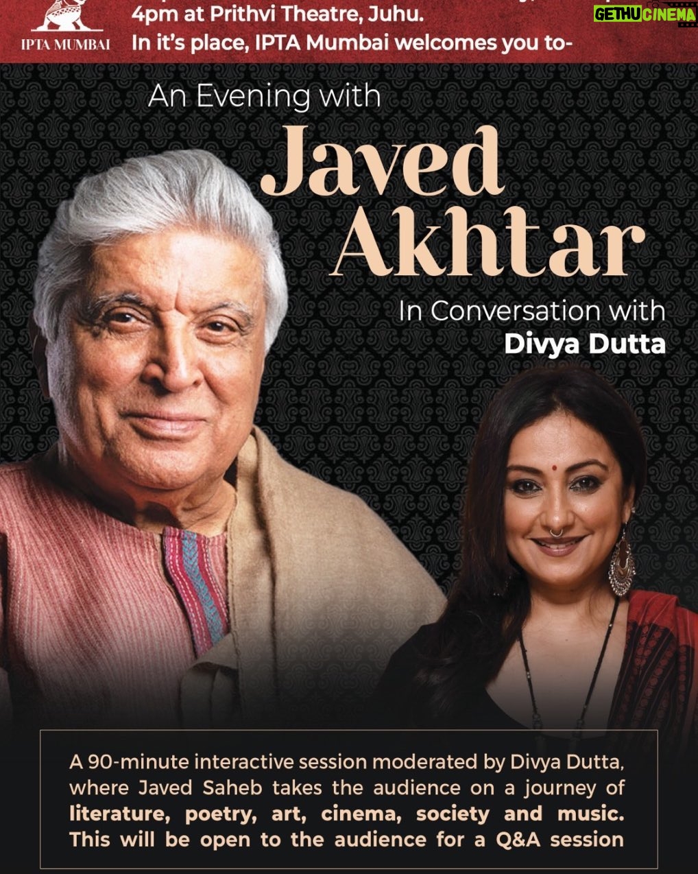 Shabana Azmi Instagram - Today 30th April at #Prithvi 4 pm . Kuch Shayari kuch dilchasp qisse. #Javed Akhtar in conversation with #Divya Dutta #IPTA@80