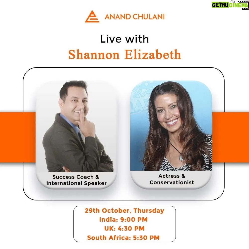 Shannon Elizabeth Instagram - Catch me and @shannonelizabeth LIVE on 29th October! Stay tuned for more! . . . . . . . . . . . #anandchulani #shannonelizabeth #absolutechampion #successcoach #actress #conservationist #life #lifecoach #tipsforlife #growthmindset #internationalspeaker #wildlifeconservation #actress
