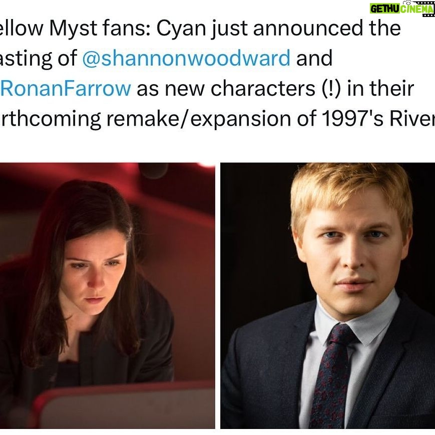 Shannon Woodward Instagram - MYST and RIVEN were my gateway games. I couldn’t be a bigger fan, and could not be more excited to finally share that im part of the new RIVEN remake with my friend I’m sure no one has ever heard of, @ronanfarrow 😘 Thank you for having us @cyanworlds ❤️ Stay tuned to their socials for more info!