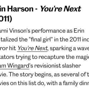 Sharni Vinson Instagram - Thank you @entertainmentweekly for naming ‘Erin Harson’ one of the bravest, boldest, and most badass heroines in horror film history!

#yourenext #horror #heroine #film #finalgirl #badass #slasher #survivalist #screamqueens #halloween