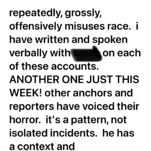 Sharon Reed Instagram - Do swipe 👉🏽 
I did my part about a decade ago - when I worked with this person. Not that it should be the exclusive job of Black folks in the newsroom to keep racist references from reaching viewers🤷🏽‍♀️
#KeepSpeakingUp 🗣️ 
#RetaliationExpected
#DoItAnyway💪🏾 
#NABJ