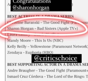 Sharon Horgan Instagram - We got two @criticschoice nominations and we are delighted.  I love this show. It’s a ride. But I especially love my sisters. 
@mssarahgreene 
@evehewson 
@evabirthistleofficial 
#annmarieduff 

(Stupidly cut off the gorgeous messages from my bad sisters in the last two posts. What a twat)

@criticschoice 
@appletvplus 
@mermantvfilm
#badsisters