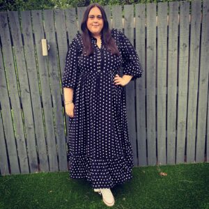 Sharon Rooney Instagram - Is that rain?
Oh well!
Mum take a picture 😂💖
- THANK YOU @yoursclothing for my polka dot dream dress 😍 not even the rain can stop me swishing it around! 

Also my fellow tall babes, it’s LONG 🙌 I can never get a dress this long everything’s a midi! Also also I’d say size down 🥰

Product code - 213658
Link - https://www.yoursclothing.co.uk/limited-collection-black-polka-dot-smock-frill-maxi-dress-p

(Not a sponsored post but the dress was very kindly gifted 💖)