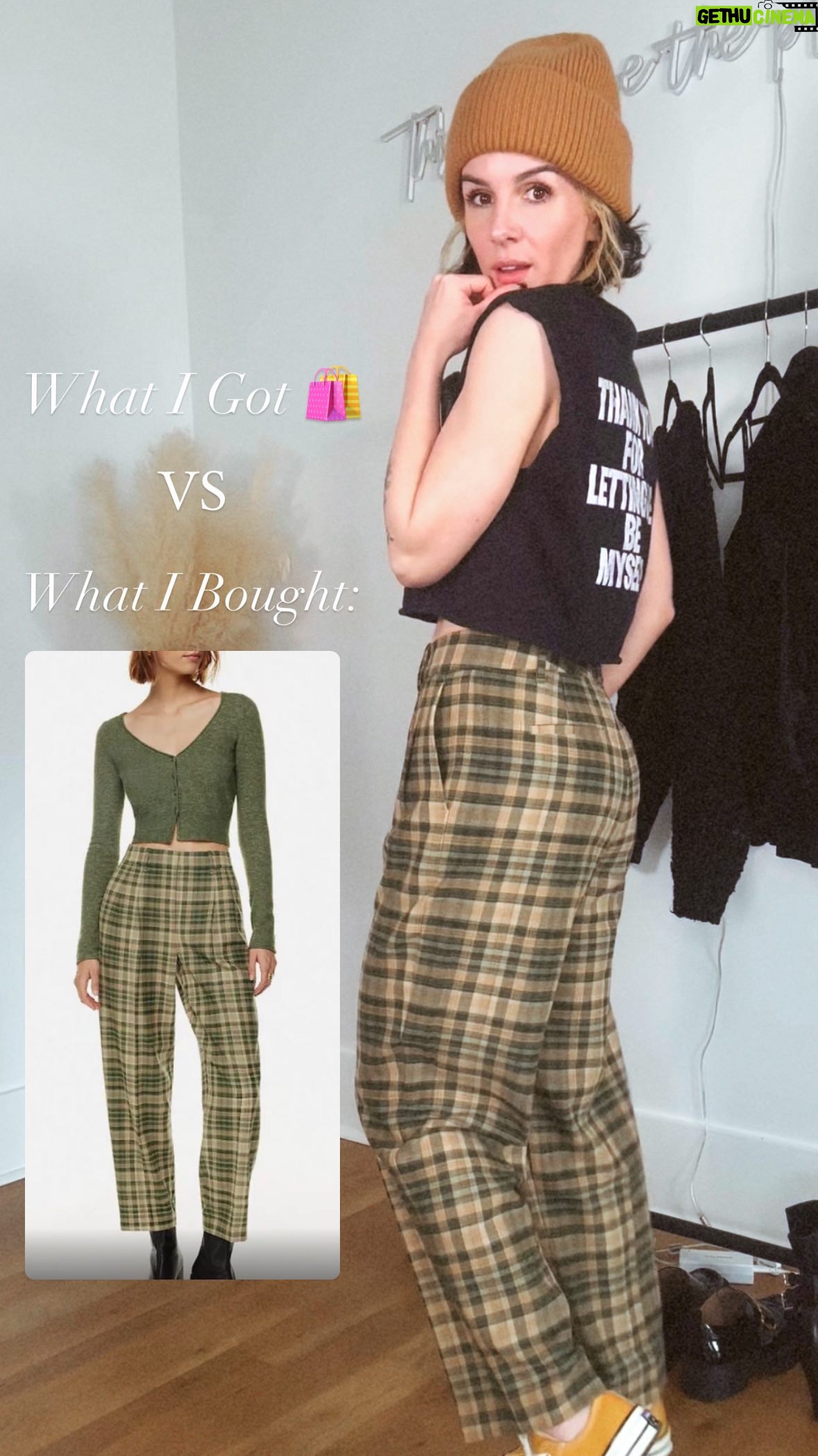 Shenae Grimes-Beech Instagram - WHAT I BOUGHT vs WHAT I GOT: Plaid “carrot pants”🥕🛍️ I love me a great printed pant because it’s the easiest way to pull together an instant statement outfit. I try to stick with a neutral palette (no shock there!) because it also keeps them super versatile. I’ve already style these pants so many different ways for different occasions! Comments PANTS for the link. Not a ton of sizes left because the sale’s so damn good!