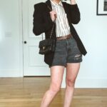 Shenae Grimes-Beech Instagram - Repeating THESE 2 ITEMS all Spring 🌷🌼🌱, don’t mind me! An oversized striped button-down and denim shorts are always my two most worn pieces during this transitional season. Check my stories for some awesome spring deals on denim shorts. I found this button down a few different colors on sale for $27 and under so comment STRIPE if you want info on that! Full outfit is on my LTK now 🖤