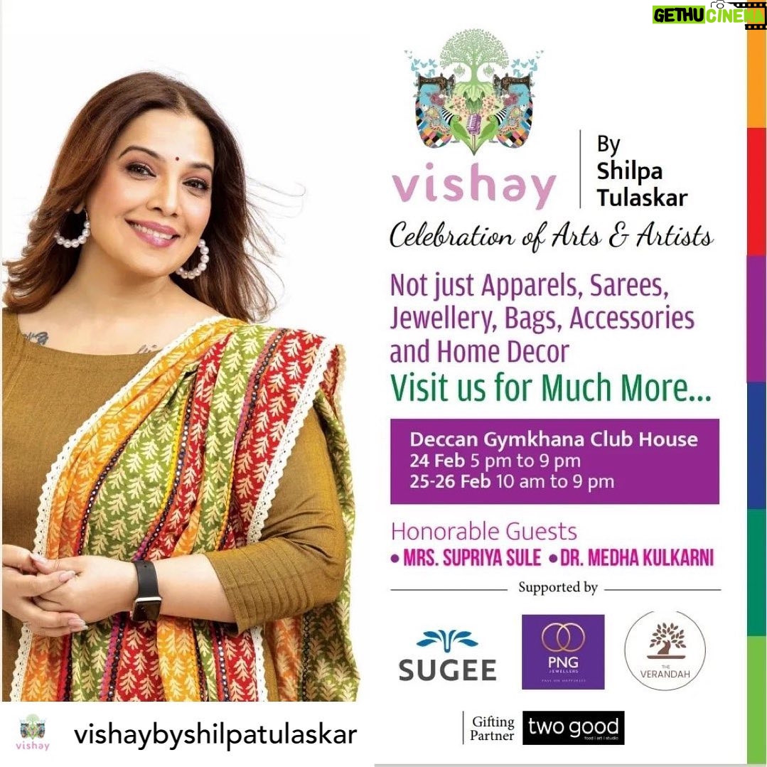 Shilpa Tulaskar Instagram - Posted @withregram • @vishaybyshilpatulaskar Vishay by Shilpa Tulaskar 💫 Celebration of art and artists We are coming in your city Pune... Are you excited ??? Do visit us on 24 Feb : 5 to 9 Pm 25, 26 Feb : 10 to 9 Pm At Deccan Gymkhana Club house, Pune. Happy Shopping 🤗 #Vishaybyshilpatulaskar #Vishay #ShilpaTulaskar #SomethingNew #Trending #Exibition #Shopping