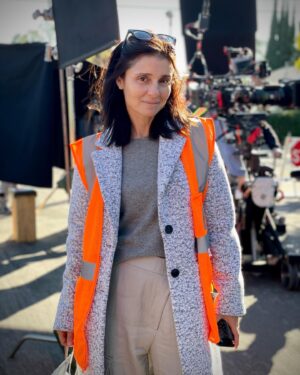 Shiri Appleby Instagram - When it comes to fashion, safety first 🧡🎬 #directing #thatsawrap
