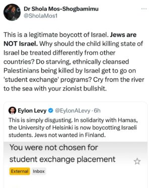 Shola Mos-Shogbamimu Instagram - Utter faux bullshit outrage. Disgusting conflation of Israel and Jews.