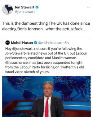 Shola Mos-Shogbamimu Instagram - Keir Starmer just kicked @faizashaheen out of Labour Party because Jewish Labour Movement complained she liked a tweet about a Jon Stewart sketch. They’re offended by a line ‘mobilised by professional organisations’ because it ‘plays into a trope’. It’s not a TROPE when it’s FACT & Jewish Labour Movement just PROVED it by mobilising to get Faiza kicked out! Make it make sense!