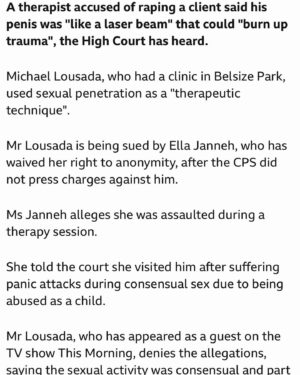 Shola Mos-Shogbamimu Instagram - This is RAPE. Michael Lousada used his ‘penis’ as a ‘legitimate’ therapeutic activity to ‘absorb trauma’. So Therapist becomes The Rapist. The CPS REFUSED to charge him criminally so the victim, Ella Janneh a rape survivor, had to bring a civil case against him?! What??! 

He doesn’t deny penetration - he claims it was ’consensual’. This makes me so mad. 

Women aren’t safe especially Black women. 

@sistahspace_ have been providing incredible support to Ella👏🏽

https://www.bbc.com/news/uk-england-london-68856510