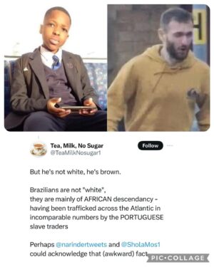Shola Mos-Shogbamimu Instagram - Racists are profoundly lazy and illiterate - Marcus Aurelio Arduini Monzo is a White Man who murdered a 14 year old Black boy, Daniel Anjorin, with a sword. Brazilians are White, Black & Brown. Black Brazilians are of African descent so where do racists think the White Brazilians come from uh??? He’s dual Spanish- Brazilian! This racist erases the entire Brown indigenous population with bigotry - like Brazilians didn’t exist before Africans were trafficked there?! Mixing up nationality with race is the height of caucacity....God give me strength!

Tags @narinder22 and I with full chest of ignorance!