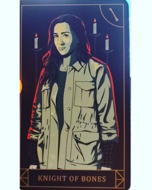 Shoshannah Stern Instagram - Look Mom I’m a tarot card! Well... Eileen is. Thanks to @taiyoukitsune I learned when this card is upright it means: courageous, energetic, charming, rebellious, heroic, hot tempered and free spirited. *Note to universe please bring an upright Knight of Bones card to me during my next reading thanks #spnfamily