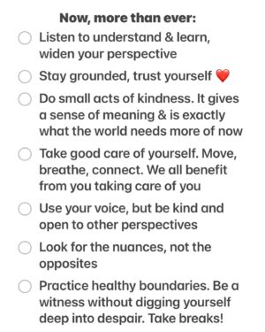 Silje Torp Instagram - My dear friend!❤️ 

I understand if you feel helpless, sad, angry. I do, too. There is so much suffering right now, and it IS hard to witness and navigate. You have the right to be angry, sad, afraid, frustrated, numbed out, feel an urge to distance yourself or hide. All of it is just you being human. The trick is to navigate THROUGH these states and into action/clarity/awareness. 

Are you feeling any of these? 

“Should I just carry on with my life as usual; I can’t do anything about it anyway? “🙄 (confusion, guilt)

“I feel helpless, and my life is a total mess, too. Might as well just close my eyes. “🫣 (helplessness, distancing )

“Why is nobody doing anything?! How can I help? Who can I help? Help! “🤯(distress, anger, frustration )

“I want to speak up, but I’m afraid of the consequences/ I don’t know enough to say anything .” 🤐 (fear) 

and probably many more. All of it a part of the human experience.❤️

There are many ways to deal with what is going on right now, and there is not ONE “correct” way of dealing with it, IMO. 
I am not diving into the political aspects here, but ways of navigating through stressful times. 

These ARE guidelines that come from universal LOVE and COMPASSION❤️