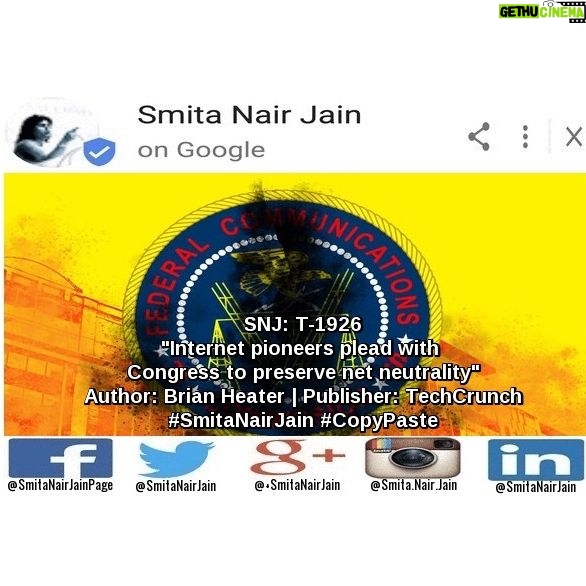 Smita Nair Jain - 374 Likes - Smita Nair Jain on #Google
SNJ: T-1926: “Internet pioneers plead with Congress to preserve net neutrality” | Author: Brian Heater | Publisher: TechCrunch | #SmitaNairJain #CopyPaste
As the FCC vote to undo net neutrality requirements looms, some of technology’s greatest minds have come together to issue a plea to congressional leadership to save the internet as we know it.
Even though millions of letters from the general public were ignored, in a last-ditch effort to preserve net neutrality, 21 high-profile technologists have penned an open letter to the ……… TO READ THE FULL ARTICLE: https://goo.gl/posts/XF2tN
#womenwhocode #womenintech #womenindigital #thoughtleaders #tedxtalks #tedxspeakers #tedxmotivationalspeakers #tedx #technologyfuturistkeynotespeakers #technology #tech #strategy #motivationalspeakertedtalks #motivationalspeakers #motivationalspeakeronleadership #motivationalspeakerbusiness #mentor #leadership #keynotespeakers #informationtechnology #futuristtechnologyspeakers #futuristspeakers #futuristmotivationalspeakers #futuristkeynotespeakers #fintech #digitalfuturistspeakers #businessfuturistspeakers
Take A Minute To Follow Me On Social Media
Facebook: https://www.facebook.com/SmitaNairJainPage/
Twitter: https://twitter.com/SmitaNairJain/
Instagram: https://www.instagram.com/smita.nair.jain/
LinkedIn: https://www.linkedin.com/in/smitanairjain/
Google : https://plus.google.com/ SmitaNairJain/