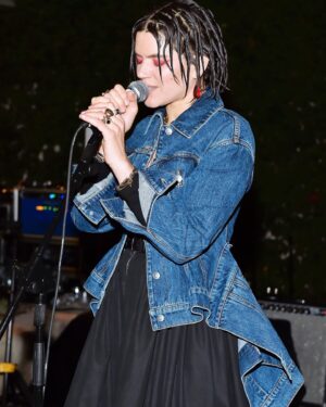 SoKo Instagram - Got to play some of my favorite songs to some of my favorite people last night.. Thank you all for being my special Valentines ❣️ Thank you @matchesfashion for letting me play in front of a live audience for the first time since covid.. Goddess, i’vemissed it ! Thank you @alexandermcqueen for making the best clothes / jewelry and making me feel like a true grunge goth princess. 
Thank you to @chromesparks & @hether for being the best band for a night !
Styled by @jaredengstudios 
Make up @amberdmakeup 
Hair @sheardeath 
#mfxfrieze