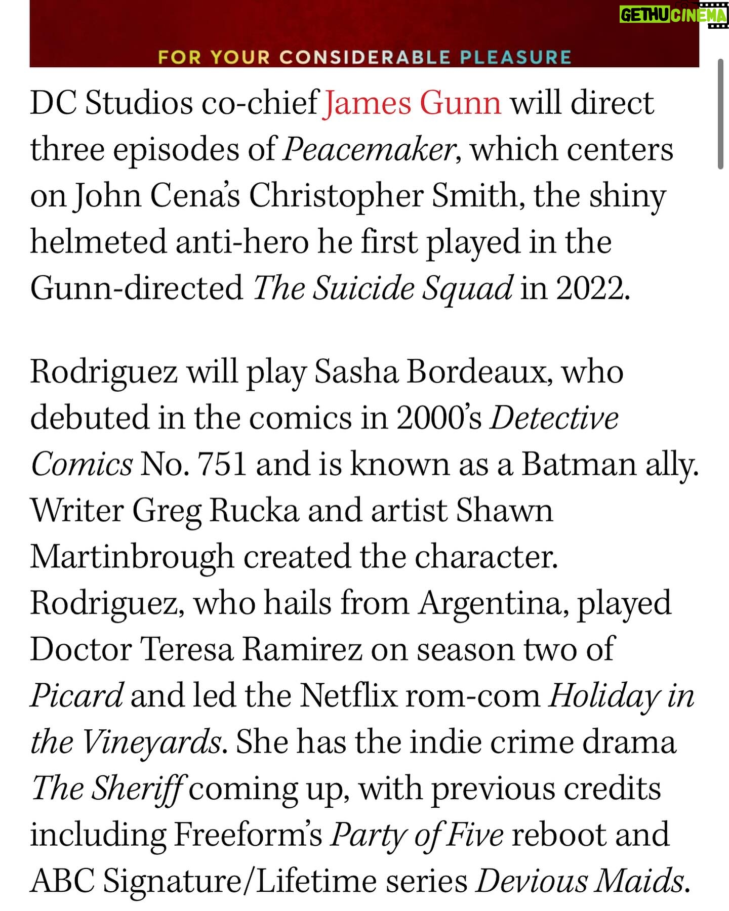 Sol Rodríguez Instagram - Im going to explode. 💀 @jamesgunn Thank you for letting me be part of the COOLEST-show -on freaking -earth! You have changed my life 🫶🏽 The entire @Peacemaker cast and crew, what an honor this is to join you and the DC universe fam, I’ve never been this cool WHAT-?!!!! 🫨😧🥹🙂↔️ I have no words. What a dream come true! Miss SASHA BORDEAUX reporting for duty 🫡 #peacemaker #hbomax #sashabordeaux