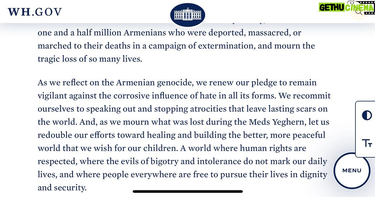 Sona Movsesian Instagram - Reading a statement like this from a sitting US president never gets old (and I don’t care what your politics are so please leave the negativity out of the comments). Sending love to all my Armenian brothers and sisters today and every day.