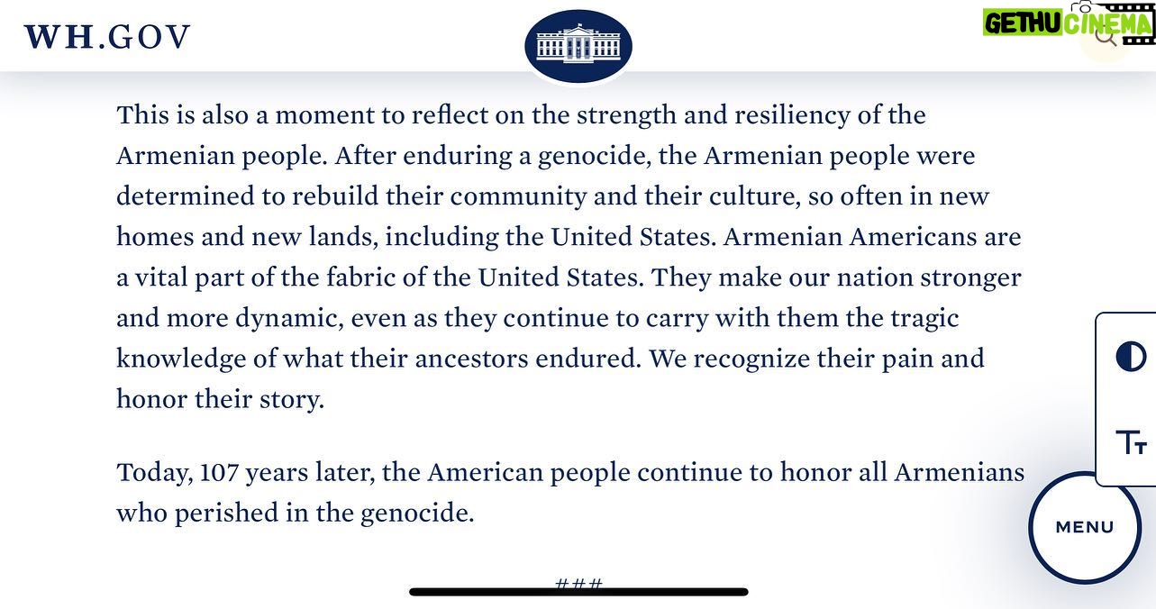 Sona Movsesian Instagram - Reading a statement like this from a sitting US president never gets old (and I don’t care what your politics are so please leave the negativity out of the comments). Sending love to all my Armenian brothers and sisters today and every day.