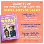 Sona Movsesian Instagram - My book and I are hitting the road! If you’re in Seattle, LA or San Francisco, come say hi to me. Does that sound desperate? It kind of is! I’ve never done anything like this so I’ll be so excited to meet everyone who comes. Literally EVERYONE.