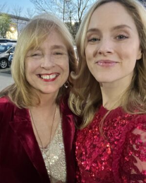 Sophie Rundle Instagram - Little moment of appreciation for this beautiful glittery dress, bag and Saturday night spent watching strictly come dancing with my beautiful glittery mum ❤️💃🏻✨