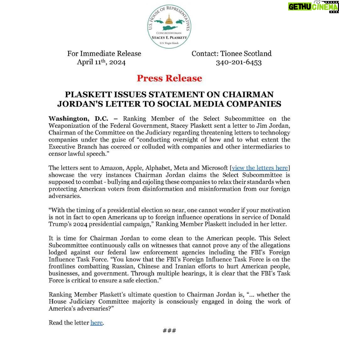Stacey Plaskett - 100 Likes - Earlier today, I sent a letter to Jim Jordan, Chairman of the Committee on the Judiciary regarding threatening letters to technology companies under the guise of “conducting oversight of how and to what extent the Executive Branch has coerced or colluded with companies and other intermediaries to censor lawful speech.”
Chairman Jordan claims the Select Subcommittee is supposed to combat bullying and cajoling these companies, yet he’s sending threatening letters.
My ultimate question: Is the House Judiciary Committee majority consciously engaged in doing the work of America’s adversaries? 🤔
You can read more on my statement below: https://plaskett.house.gov/news/documentsingle.aspx?DocumentID=4446
