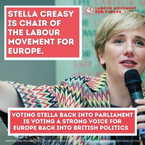 Stella Creasy Instagram - Proud to be the Chair of the Labour Movement for Europe - reelecting me in walthamstow will ensure a strong national voice for our future with Europe, fighting the damage Brexit is causing to our community and our country in the next parliament. Follow @labourmovementforeurope to find out more and let me know below if this matters to you!