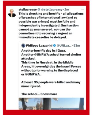 Stella Creasy Instagram - Sharing across from twitter to be clear on my response to today’s news of further military action in Gaza. #ceasefireNow