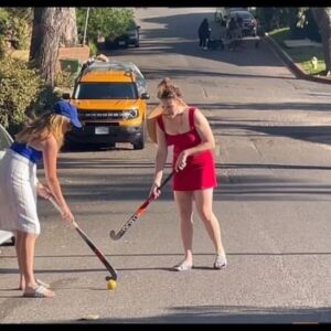 Stephanie Allynne Instagram - I went to a pool party and left with a field hockey stick and dreams of picking up a new sport. see ya on the grass? gracias coach @bethstelling 🥅