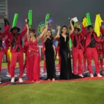 Stephanie Siriwardhana Instagram - Loved hosting the Grand Opening of the Legends Cricket Trophy Season 2! Women power on stage 💪🏾🥰🎤🏏🤩 💃 . 💍- Aquamarine & Diamond Set by @puregoldbytiesh 👗- @michael_wijesuriya_ #cricket #cricketlovers #lct #legends #trophy #love #srilanka #tiesh #puregoldbytiesh