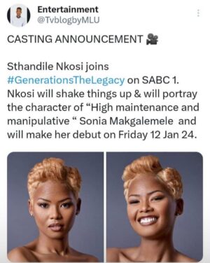Sthandile Nkosi Instagram - “WHAT?!.… WE RIGHT HERE…”

Some girls are high maintenance and can get quite manipulative going about it. Is there be a justification for this considering how some women need their presence to be felt or just to fit in at any cost?

Tune in to Generations The Legacy on SABC 1 TODAY at 20:00 as I introduce you to THEE Sonia Makgalemele and cause problems. 🤘🏾🔥

PS. I Missed entertaining you. 🥹❤️✨

To God be All The Glory and in Christ Jesus for All times. 

#generationsthelegacy #sabc1 #newwork #television #telanovela #actress #sonia #southafrican #actress #fyp