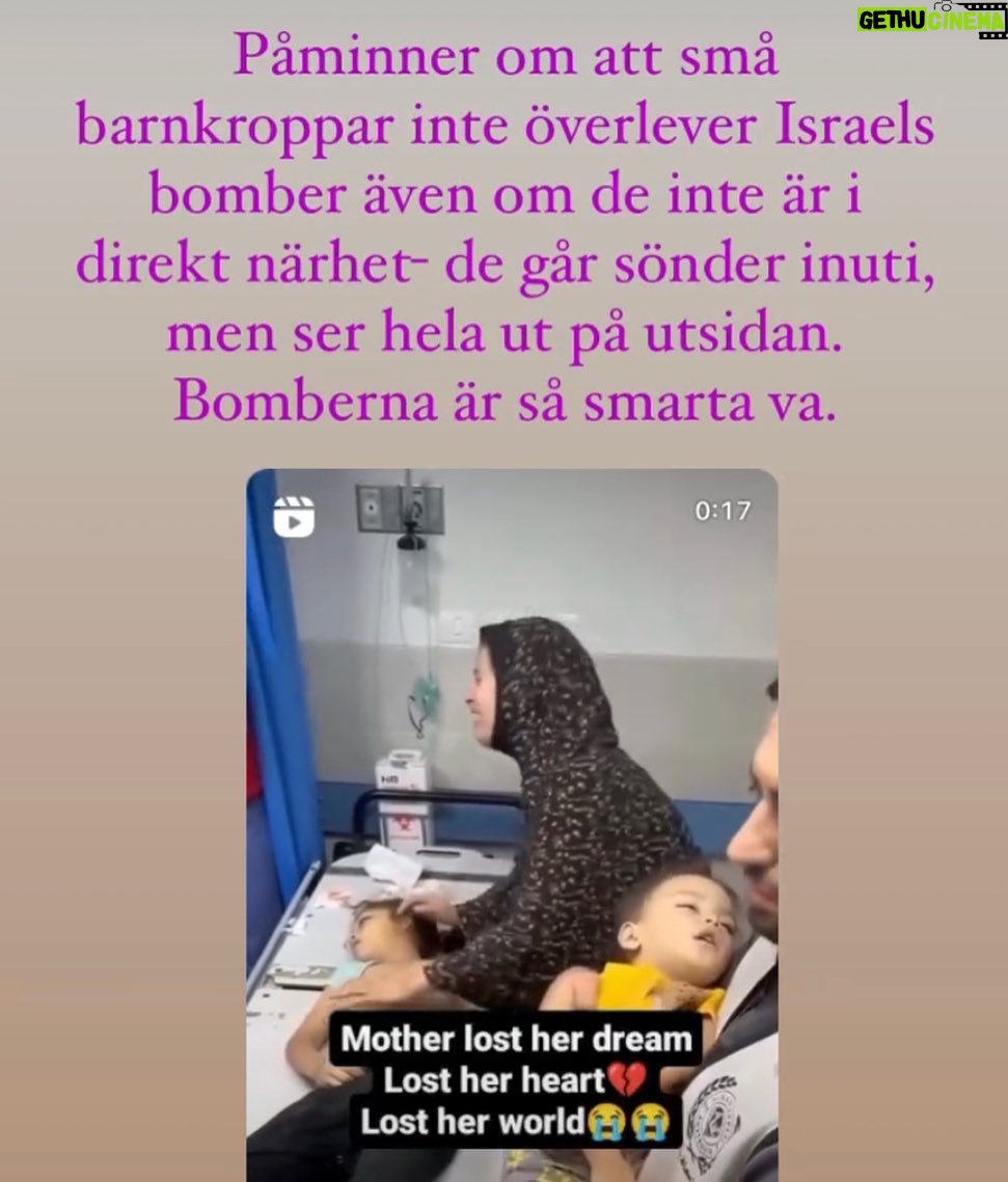 Stina Wollter Instagram - ”– Just den här krigföringen på den här lilla ytan, med en population där nästan hälften är barn, då kommer vi att se väldigt många barn som dör, säger Chatterjee-Martinsen*. – Såklart att bombningarna, som görs i väldigt tätbefolkade områden, slår hårt mot barn. Den här typen av bomber dödar, barns kroppar är små, och påverkan blir enorm för ett barn.” *Cecilia Chatterjee-Martinsen, internationell chef vid Rädda Barnen i Sverige.