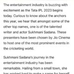 Sukhmani Sadana Instagram - New Inning. New beginning. Let’s EAT SLEEP and BREATHE cricket for 2 months now… Can’t thank @officialjiocinema @viacom18studios @solproductions_ enough for giving me this opportunity to be one of the anchors for @iplt20 Watch my show called ‘Hangout’ #ajiomatchcentrelive on the Jio Cinema App. You can watch the show on your mobiles or Tv. Before and after the match. Weekdays- 6.30 pm. #ipl2023 #tataipl2023 #jiocinema #iplonjiocinema #anchor #host #tvpresenter #studio #hangout #ajiomatchcentrelive #grateful #thankful #sukhmanisadana #cricket #cricketlovers #indianpremierleague #cricketfans #sportspresenter #waheguru #femaleindianemcee #femaleindiananchors