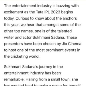 Sukhmani Sadana Instagram - New Inning. New beginning. 
Let’s EAT SLEEP and BREATHE cricket for 2 months now… 

Can’t thank @officialjiocinema @viacom18studios @solproductions_ enough for giving me this opportunity to be one of the anchors for @iplt20 

Watch my show called ‘Hangout’ #ajiomatchcentrelive on the Jio Cinema App. You can watch the show on your mobiles or Tv. Before and after the match. Weekdays- 6.30 pm. 

#ipl2023 #tataipl2023 #jiocinema #iplonjiocinema #anchor #host #tvpresenter #studio #hangout #ajiomatchcentrelive #grateful #thankful #sukhmanisadana #cricket #cricketlovers #indianpremierleague #cricketfans #sportspresenter #waheguru #femaleindianemcee #femaleindiananchors