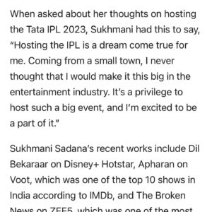 Sukhmani Sadana Instagram - New Inning. New beginning. 
Let’s EAT SLEEP and BREATHE cricket for 2 months now… 

Can’t thank @officialjiocinema @viacom18studios @solproductions_ enough for giving me this opportunity to be one of the anchors for @iplt20 

Watch my show called ‘Hangout’ #ajiomatchcentrelive on the Jio Cinema App. You can watch the show on your mobiles or Tv. Before and after the match. Weekdays- 6.30 pm. 

#ipl2023 #tataipl2023 #jiocinema #iplonjiocinema #anchor #host #tvpresenter #studio #hangout #ajiomatchcentrelive #grateful #thankful #sukhmanisadana #cricket #cricketlovers #indianpremierleague #cricketfans #sportspresenter #waheguru #femaleindianemcee #femaleindiananchors