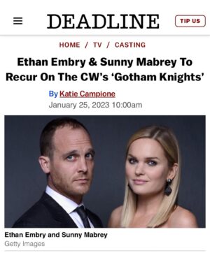 Sunny Mabrey Instagram - So THIS is cool… 🎉. It’s one thing to have the privilege of working on a rad new @thecw show— another thing entirely to get to do it with your special sexy man lover (sry), @ethanembry. Grateful for and to the lovely people at @cwgothamknights including our gorgeous mad genius Tv daughter, @anna_lore and the badass creators/producers/writers/directors,  @natalieabrams @huntvision @chad.fiveash @dannyjohncannon #JamesStoteraux @gberlanti. Also, my reps be killin’ it always. @havenla @peoplestoreagency @jacqwheeler @amyslomo ♥️. Appreciate my fam at @mornellstudios . I’m blessed, y’all. #GothamKnights #theCW #CW #deadline #variety #hollywoodreporter