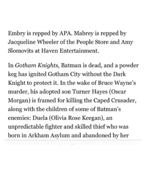Sunny Mabrey Instagram - So THIS is cool… 🎉. It’s one thing to have the privilege of working on a rad new @thecw show— another thing entirely to get to do it with your special sexy man lover (sry), @ethanembry. Grateful for and to the lovely people at @cwgothamknights including our gorgeous mad genius Tv daughter, @anna_lore and the badass creators/producers/writers/directors,  @natalieabrams @huntvision @chad.fiveash @dannyjohncannon #JamesStoteraux @gberlanti. Also, my reps be killin’ it always. @havenla @peoplestoreagency @jacqwheeler @amyslomo ♥️. Appreciate my fam at @mornellstudios . I’m blessed, y’all. #GothamKnights #theCW #CW #deadline #variety #hollywoodreporter