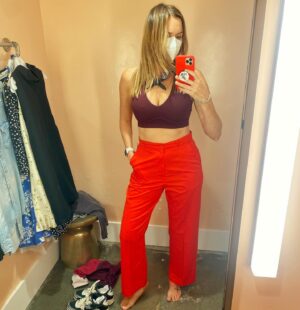 Sunny Mabrey Instagram - Found sweet red vintage pants at thrift store. Then found rad old, beat-up Sears denim shirt. Put ‘em together and PHOTO SESSHH 📸 #ootd #vintage #fashion #vintagestyle