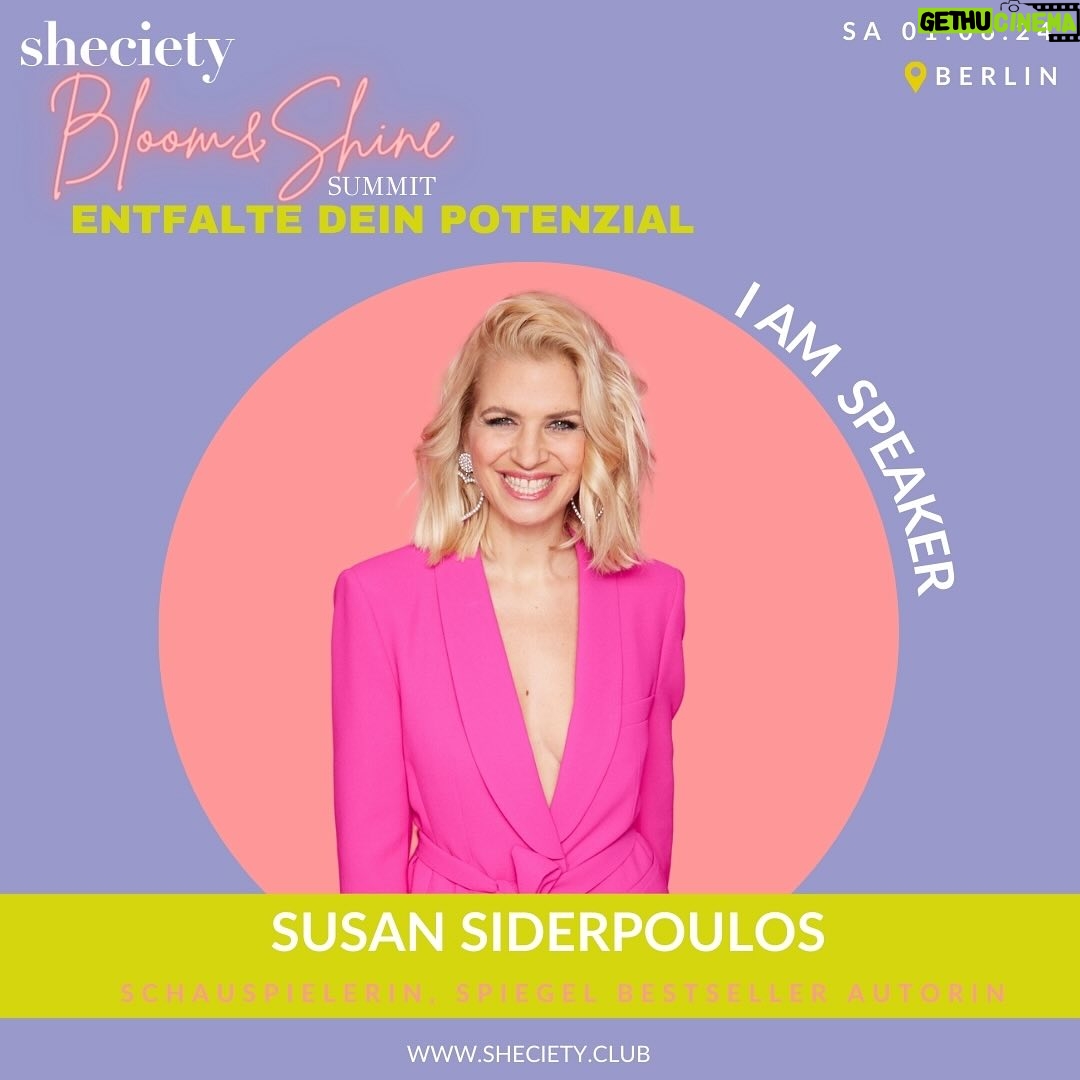 Susan Sideropoulos Instagram - Die beliebte Schauspielerin, Moderatorin und Bestseller-Autorin @susan_sideropoulos ist eine unserer SHE-Faces und fester Bestandteil der Sheciety Community. 💗 Mit ihren Spiegel Bestsellern „Rosarotes Glück“ und „Das Leben schwer nehmen ist einfach zu anstrengend“, nimmt Susan uns mit auf ihre Lebensreise und zeigt uns, wie wir unseren Alltag mit mehr Leichtigkeit leben können. Mit ihrer erfrischend-fröhlichen Art gibt sie uns einfache Tools an die Hand, um Altes loszulassen, Gedanken ins Positive zu drehen und mehr Me-Time, Freude und Begeisterung in unser Leben zu bringen. 🌸✨ Erlebe die wunderbare Susan live bei unserem Bloom & Shine Summit und lass dich von ihr und weiteren Gästinnen im Panel Talk „WOMEN FOR PEACE“ inspirieren, bereichern und beseelen. 🙌🏼 Wir stärken dich außerdem durch interaktive Workshops, Panel Talks, Keynote Speeches, Networking Areas, spannende Aussteller und vieles mehr! Entdecke neue Ideen, knüpfe wertvolle Kontakte und lass dich von unseren Speaker/innen inspirieren. ⭐️ Den Link zu den Tickets findest du in unserer Bio 💜⬆️ #sheciety #femaleempowerment #summit #bloomandshine #berlin