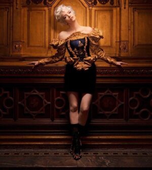 Talulah Riley Instagram - ❤️ I *LOVED* this shoot. @jeremyscott is a 🧠 genius 🧠 The clothes are fun, dramatic, romantic, fabulous ❤️

💋Wearing @moschino in @amazingmagazine 💋

🕰 I am variously a grandfather clock, silver-service, front door, portrait etc. What FUN! 🕰 

Thank you to the whole creative team for a lovely day, and for the chance to wear such incredible things. 

Photographer: @damianfoxe 
Styling: @mrbitton 
Hair: @thebradylea 
Make-up: @lisahoughton 
Nails: @robbietomkins 

xx