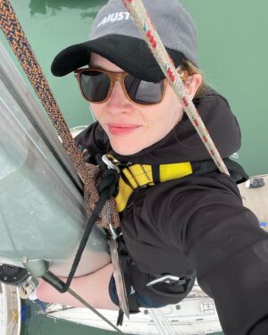 Talulah Riley Instagram - 🏴‍☠️ Hanging (literally) at the top of the mast of a 52’ yacht... @cowes_week was awesome fun 🏴‍☠️ 

🌊 We came last in our race. By 40 minutes. The spinnaker sheet got tangled around our engine. We tore our jig-sail. The cutlery drawer below deck came out and sent knives and forks whizzing everywhere. And we bumped into a huge yacht when mooring… but everyone kept their full compliment of fingers, and no one got hit on the head by the boom. 🌊 

💙 A BIG thank-you to @mustoclothing for kitting us out with proper sailing gear. I have loved you forever (used to wear your jackets out riding as a little girl). And thank you @chathamfootwear — not worn boat shoes before and now never want to take them off. They’re as comfortable as slippers!! 💙

🍹It was exciting when the  @mountgayrum boat came and delivered drinks (even kindly providing ginger beer for us non-drinkers. Or maybe I stole the mixer..?). Thomas was so rum-happy he held his cup right in front of my face for the photo…🍹

🦞 Oh, and I got so very sunburnt that my lips actually swelled up. I didn’t know that could happen. 🦞

✨We had the calmest, nicest skipper imaginable. Thank you very much @germaine_sail ✨

And top, top, talented team mates: @victorilou @charlottehawkins1 @chrisrobshawrugby @camillakerslake 

📸 Thank you @maxcisottiphotographer for your excellent company and action shots 📸 

And thank you @zafrushdie and @greenroomvip for the whole experience xx