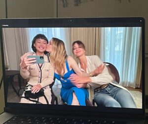 Talulah Riley Instagram - Final day of @pistol press with these gorgeous girls: @sydneychandler_ and @emmajappleton 💙

Thank you @babskymakeup for somehow making me look awake today after the premier after-party last night! And @earlsimms2 for taking such sweet care of me and my hair. And thank you @galvanlondon — I LOVE this dress 💙💙💙 such a cheery colour and a great fit! Well found, @chercoulter! xxxx