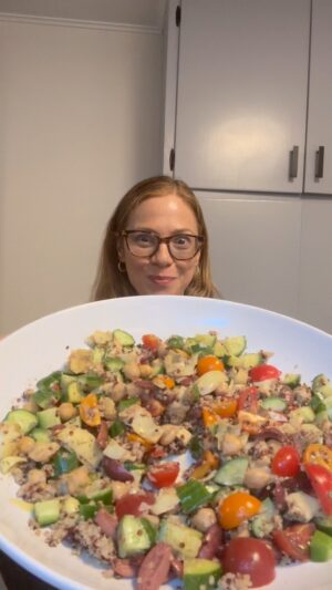 Tamara Braun Instagram - Hello party people!

It’s been a long time since I posted a reel. I made this the other night. I make a variation of this meal a lot. Use whatever veggies you’ve got. Chop it up. Mix it up put some vinaigrette or olive oil and lemon on it and call it a day. All right, I may have added salt and forgot to video that as well. Here’s what I used this time.

Persian cucumbers
Cherry tomatoes
Kalamata olives
Artichoke hearts
Chick Peas(garbanzo beans)
Quinoa

Balsamic vinegar (I use more vinegar than I do oil) 
Olive oil 

Parsley
Basil
Black pepper
Sea salt

Mix it up. Eat it up. Yum!

A simple lemon vinaigrette is quite delicious on this as well. I just didn’t have any lemons.

OK, I’ll get back to making these videos, and I will be more specific and what I do.

In the meantime, have a beautiful Friday. Sending love and happiness to all of you. 

#Grateful. #Love #Salad #Plant-based #Vegan #DoYou #eatit #eattherainbow #TryItYouMightLikeIt #Summer#Delicious #GlutenFree #Simple #bekind #friday