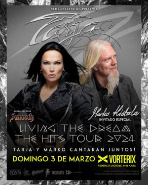 Tarja Turunen Instagram - IMPORTANTE! Mantenemos el valor de los tickets hasta el domingo! Aprovechen! 🔥🔥🔥
Últimos tickets con descuento! 💪🏼
Entradas VIP Primer piso AGOTADAS! 🔥

Tarja y a Marko Hietala de gira juntos por primera vez en 18 años!
 
Habiendo compartido muchos álbumes y giras mundiales, volverán a compartir escenario dentro de la gira de Tarja “Living the Dream – The Hits Tour 2024”.

La cita es el Domingo 3 de marzo en Teatro Vorterix.
Banda invitada: AZEROTH.

Tickets 🎟️ https://www.allaccess.com.ar/event/tarja-living-the-dream-the-hits-tour-2024

TICKETS FÍSICOS SIN SERVICE CHARGE EN:

LIVERPOOL ROCK SHOP: Avenida Cabildo 2136 1er piso Local 147 CABA. Galería Recamier lunes a sábados de 11 a 19 hs

Marko tocará sus propias canciones con su compañero de banda, el talentoso guitarrista Tuomas Wäinolä y después de eso se unirá a Tarja en el escenario para una noche memorable.

Las expectativas están muy altas para ver qué harán juntos. Canciones viejas? Canciones nuevas, quizás? Qué les gustaría escuchar en la lista de temas de los conciertos de 2024?
 
Por favor dejá tu canción favorita en las redes de Tarja y no te pierdas estos conciertos únicos e irrepetibles !!!!!

| @tarjaofficial | @gabysisti | @teatrovorterix | @cristian_nwm | @nwm_productions | @azerothmetal | @liverpool.rock.shop | @losteatrosproducciones | @engendrotienda | @angelmetalmania |